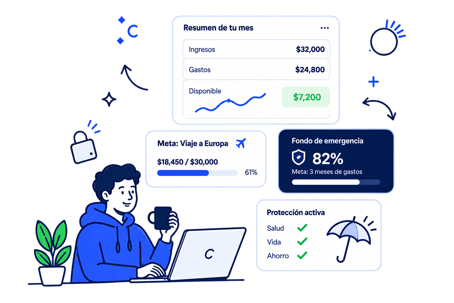 Persona usando su laptop junto a un resumen de sus finanzas, una meta de ahorro, su fondo de emergencia y su protección activa